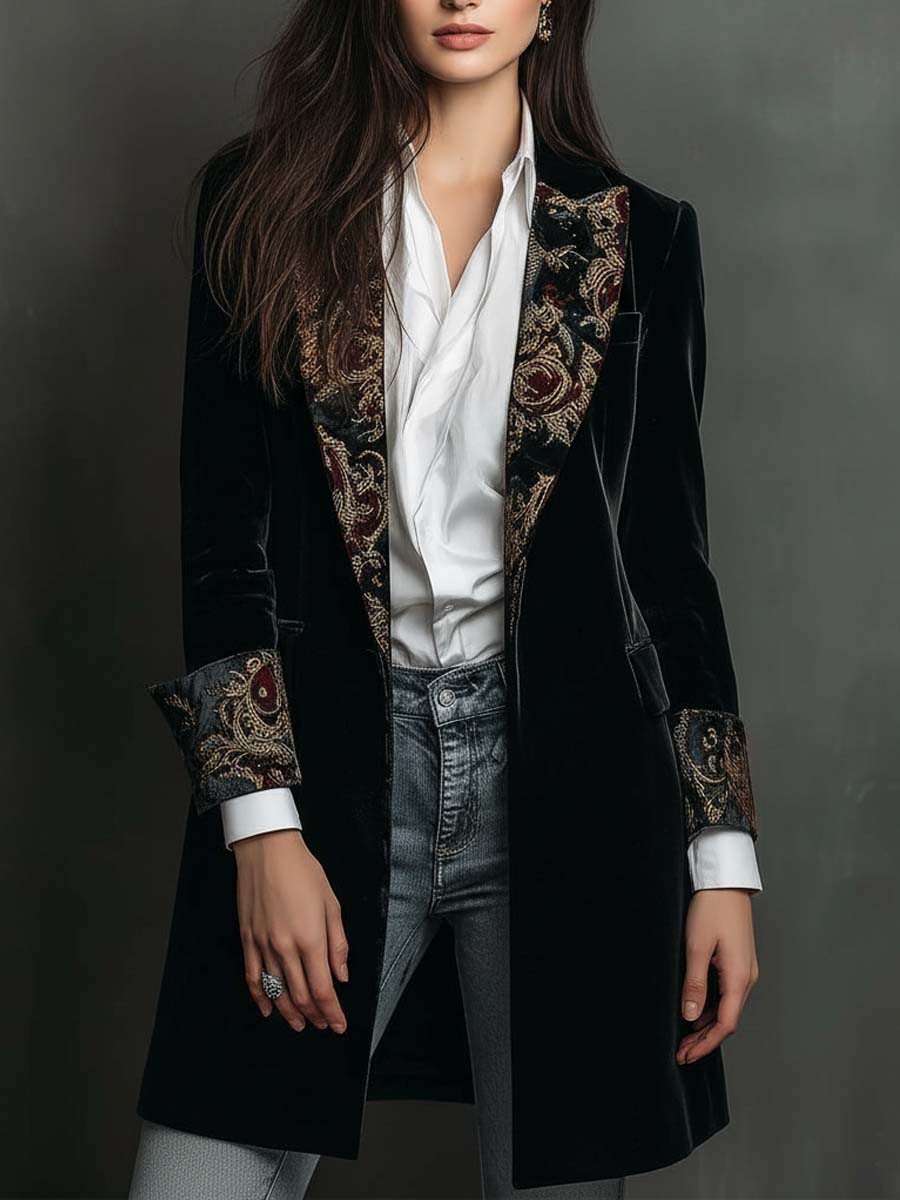 Zwarte slim fit blazer met barokprint