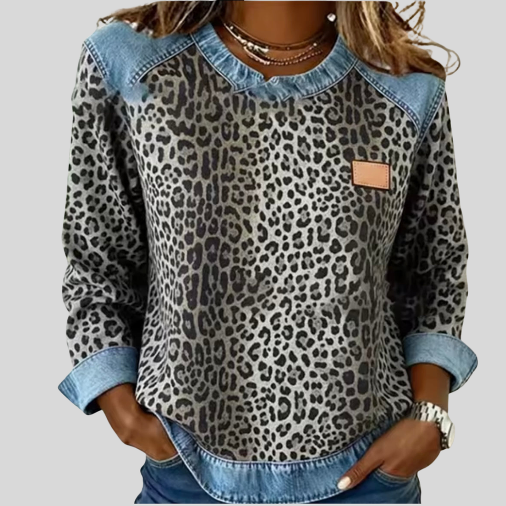 Hollyn™ | Luipaardprint Trui met Denim Kraag