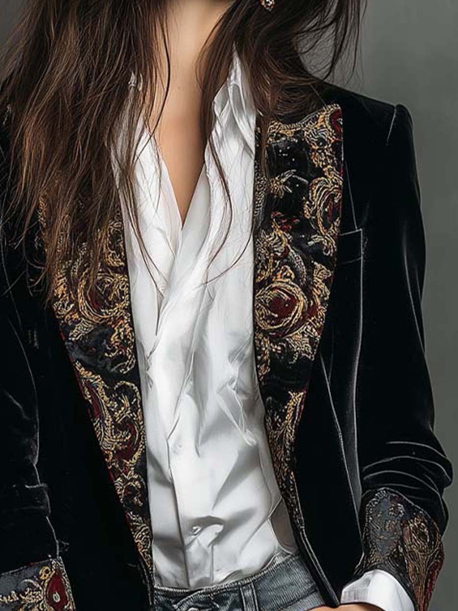 Zwarte slim fit blazer met barokprint