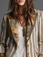 Gestreepte boho blazer met bedrukte revers