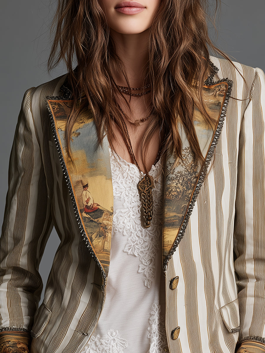 Gestreepte boho blazer met bedrukte revers