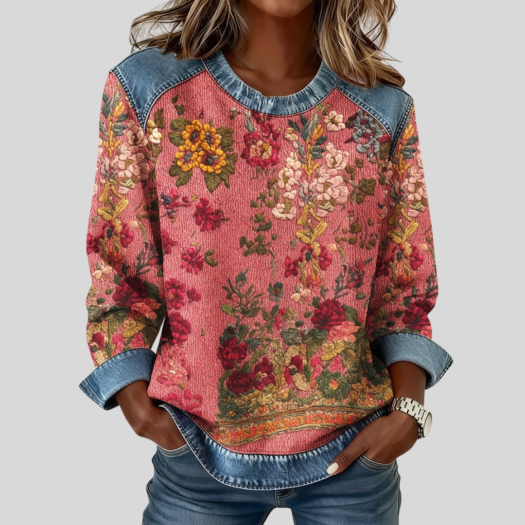 Sweatshirt met bloemenprint en denimdetail voor vrouwen
