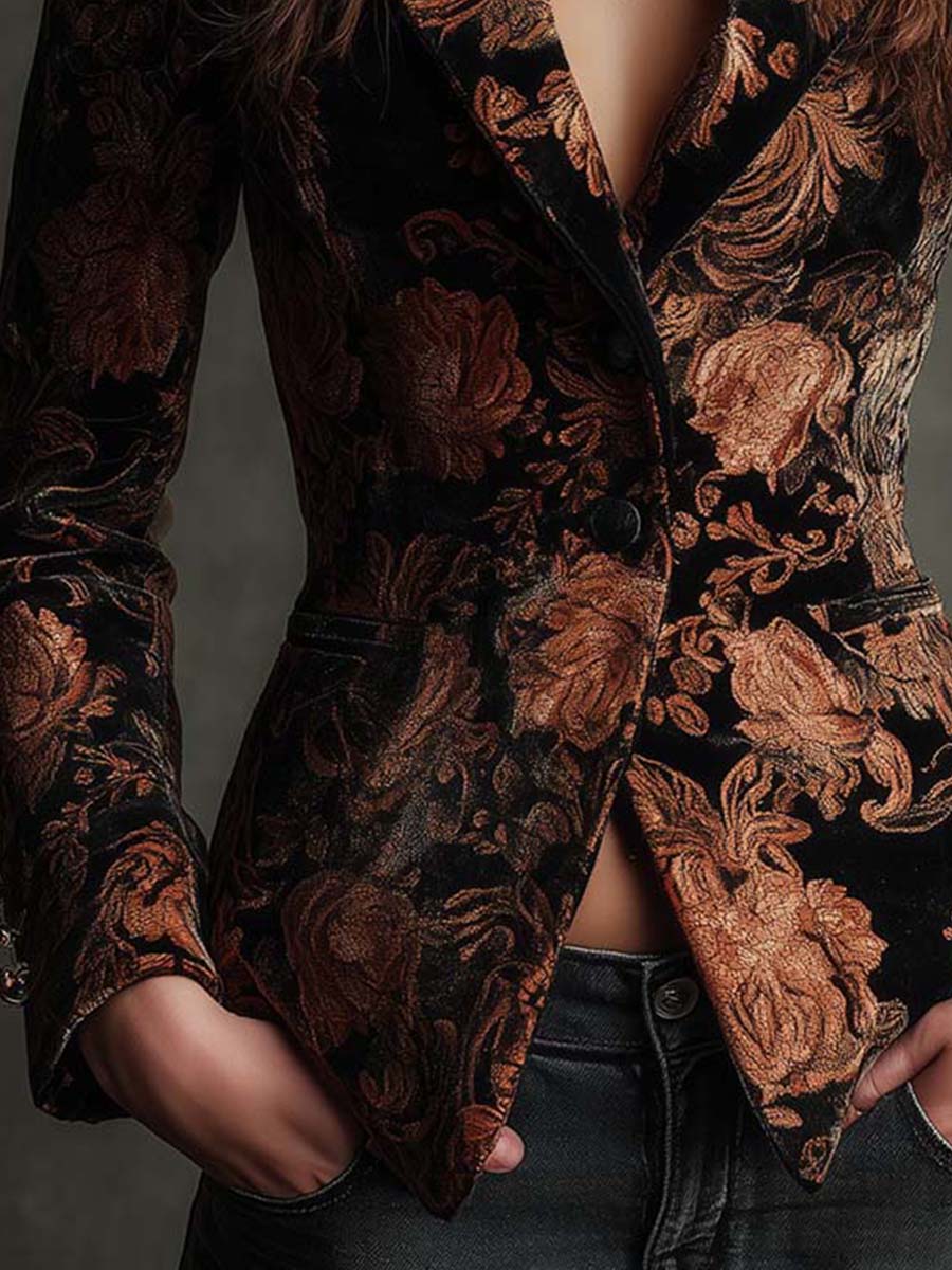 Getailleerde blazer met bronzen bloemenprint