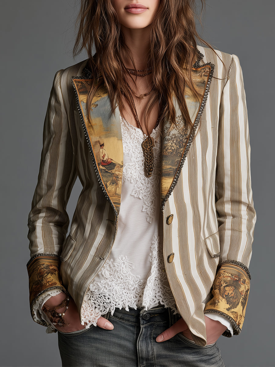 Gestreepte boho blazer met bedrukte revers in kaki