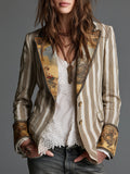 Gestreepte boho blazer met bedrukte revers in kaki