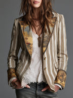 Gestreepte boho blazer met bedrukte revers in kaki