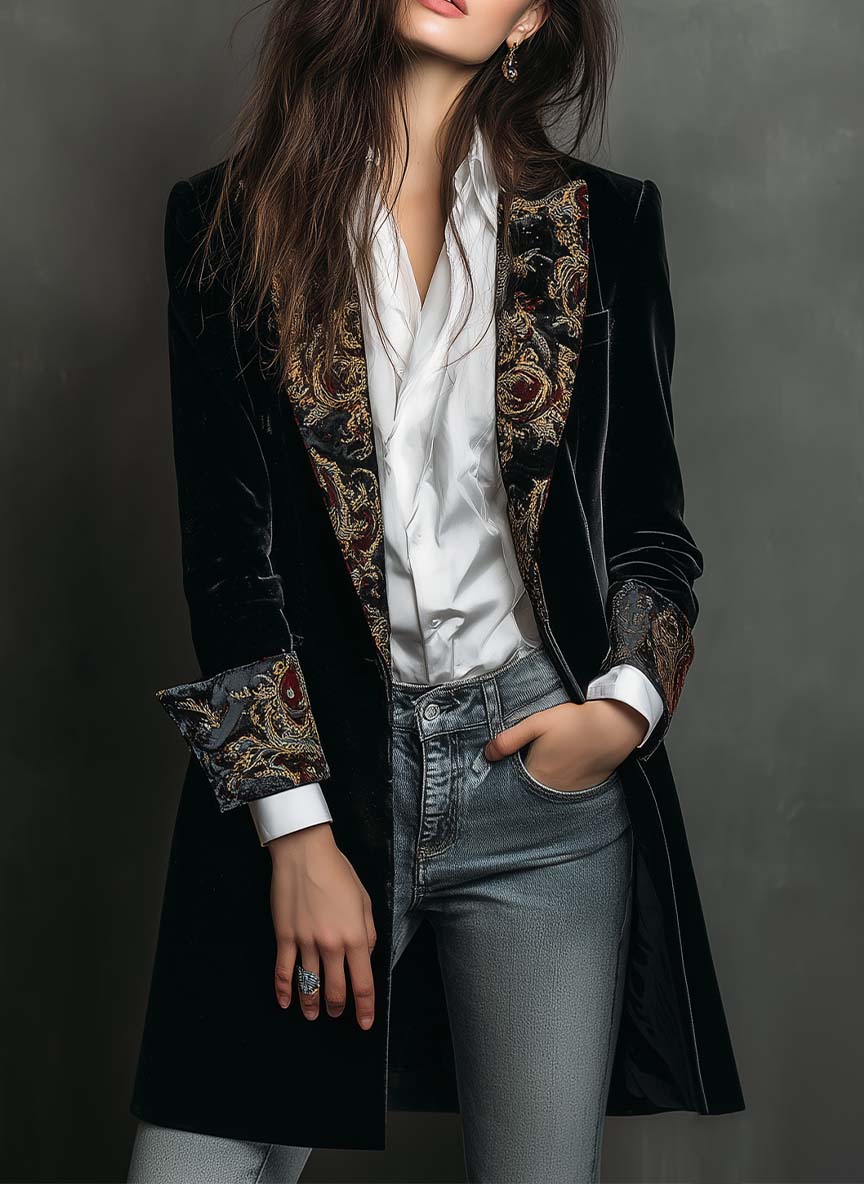 Zwarte slim fit blazer met barokprint in zwart