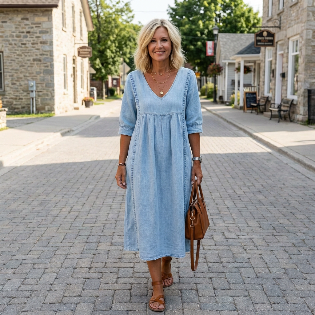 VINTAGE DENIM JURK MET RUIME PASVORM VOOR DAMES