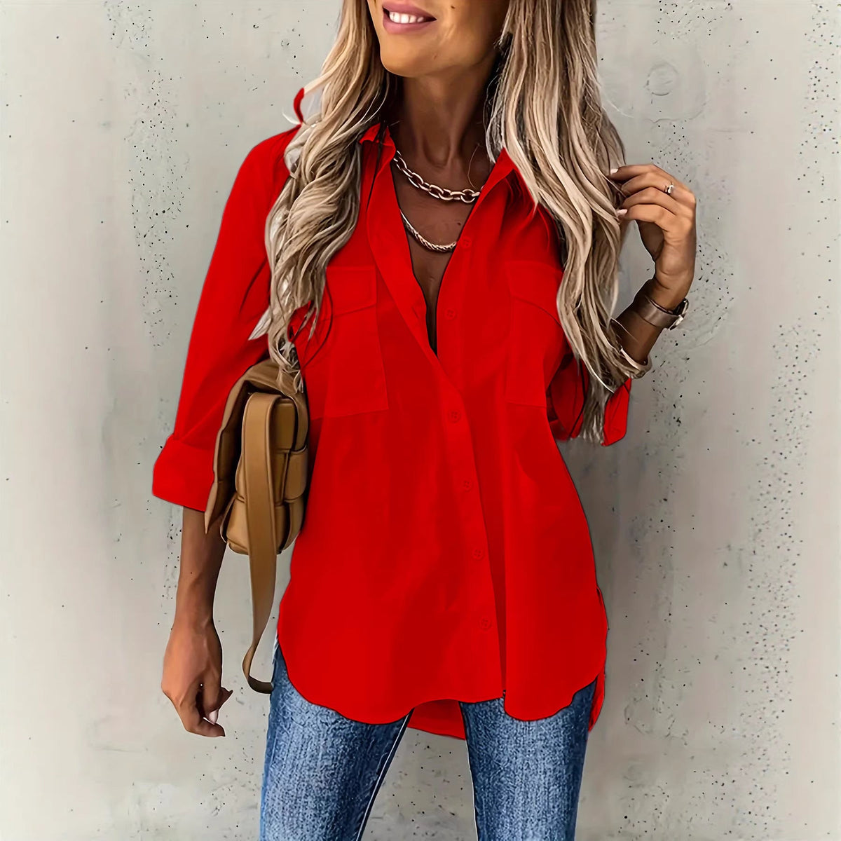 KLASSIEKE FORMELE DAMESBLOUSE MET LANGE MOUWEN