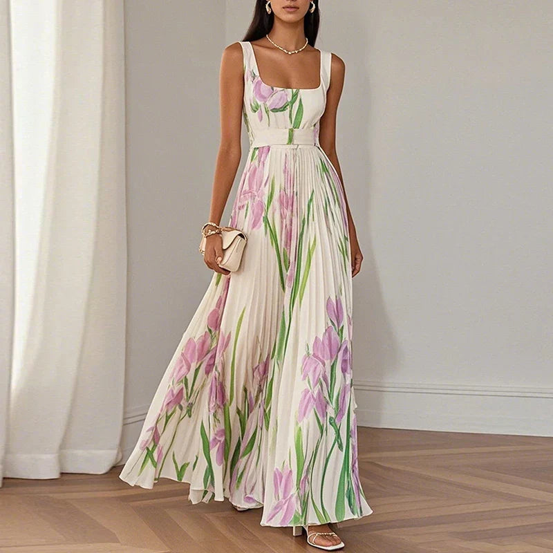 ELEGANTE GEPLOOIDE MAXI-JURK MET BLOEMENPRINT VOOR DAMES