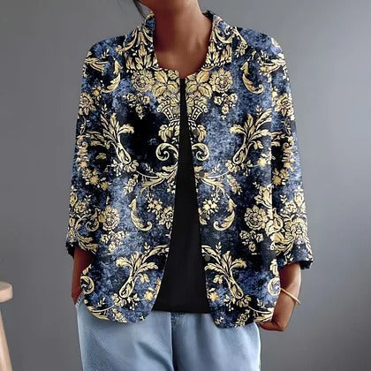 Sierlijk jasje met bloemenprint in donkerblauw met goud