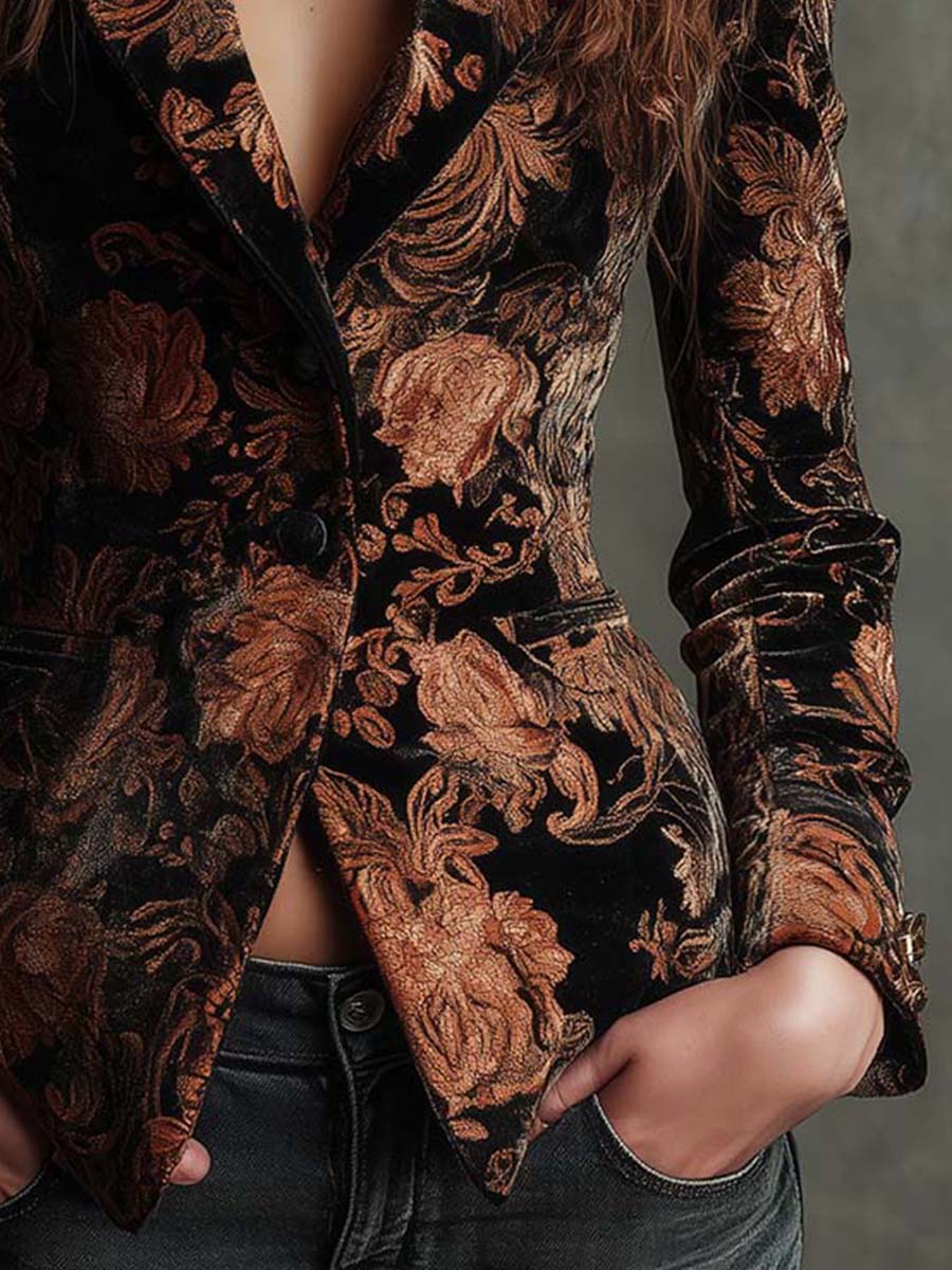 Getailleerde blazer met bronzen bloemenprint