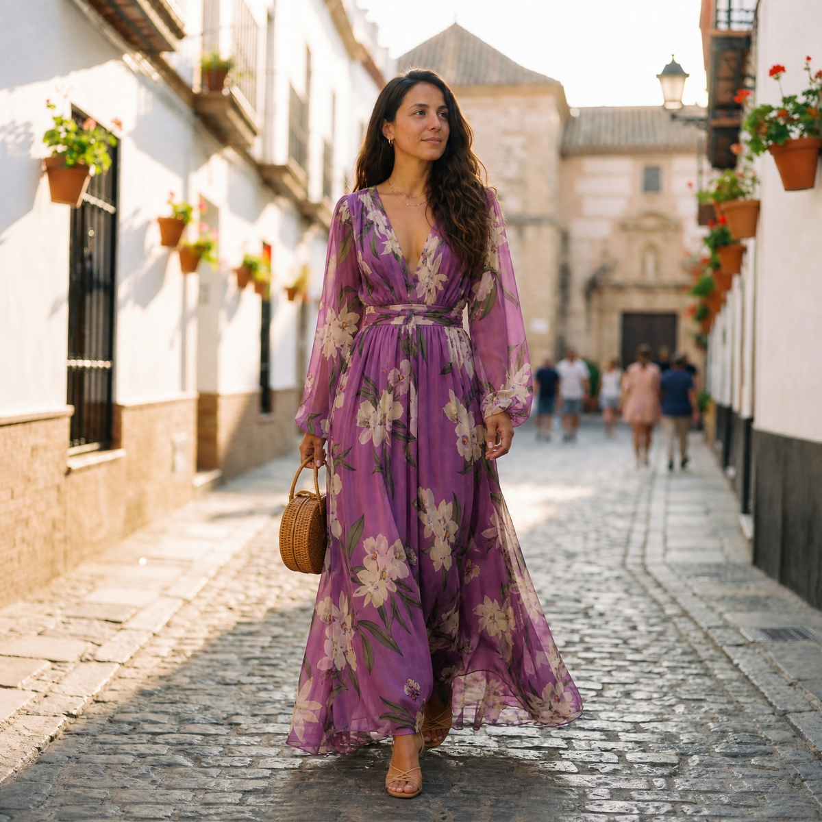 MAXI JURK MET LANGE MOUWEN EN BLOEMENPRINT VOOR DAMES