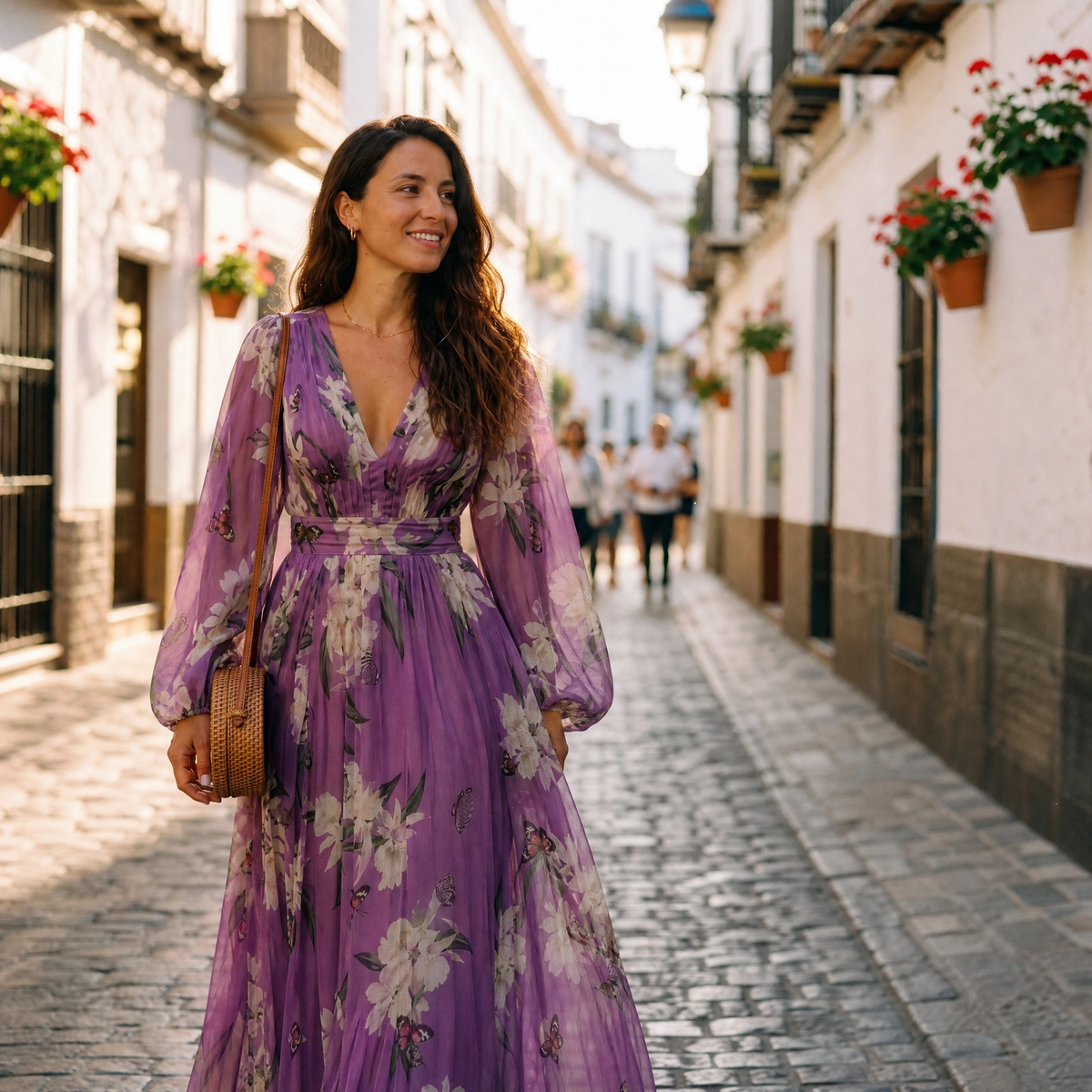 MAXI JURK MET LANGE MOUWEN EN BLOEMENPRINT VOOR DAMES