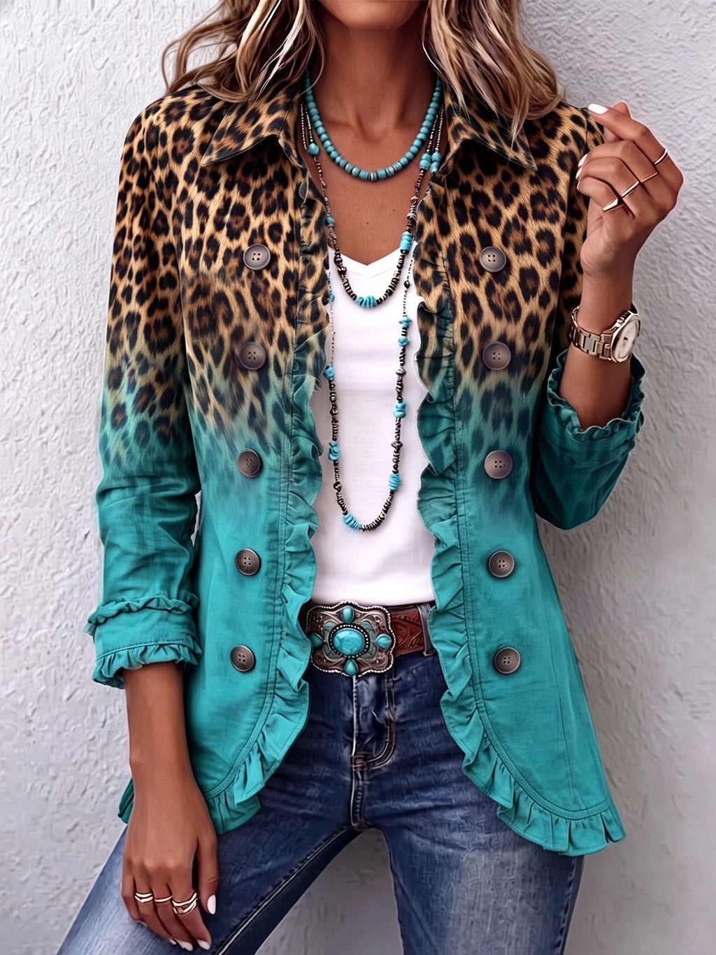 Mercedes | Blazer met Ombré Luipaardprint en Volants
