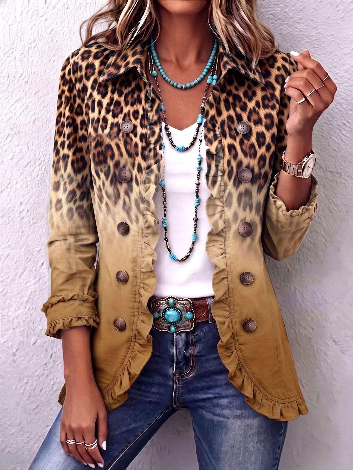 Reyes | Blazer met Okerkleurige Luipaardprint en Volants