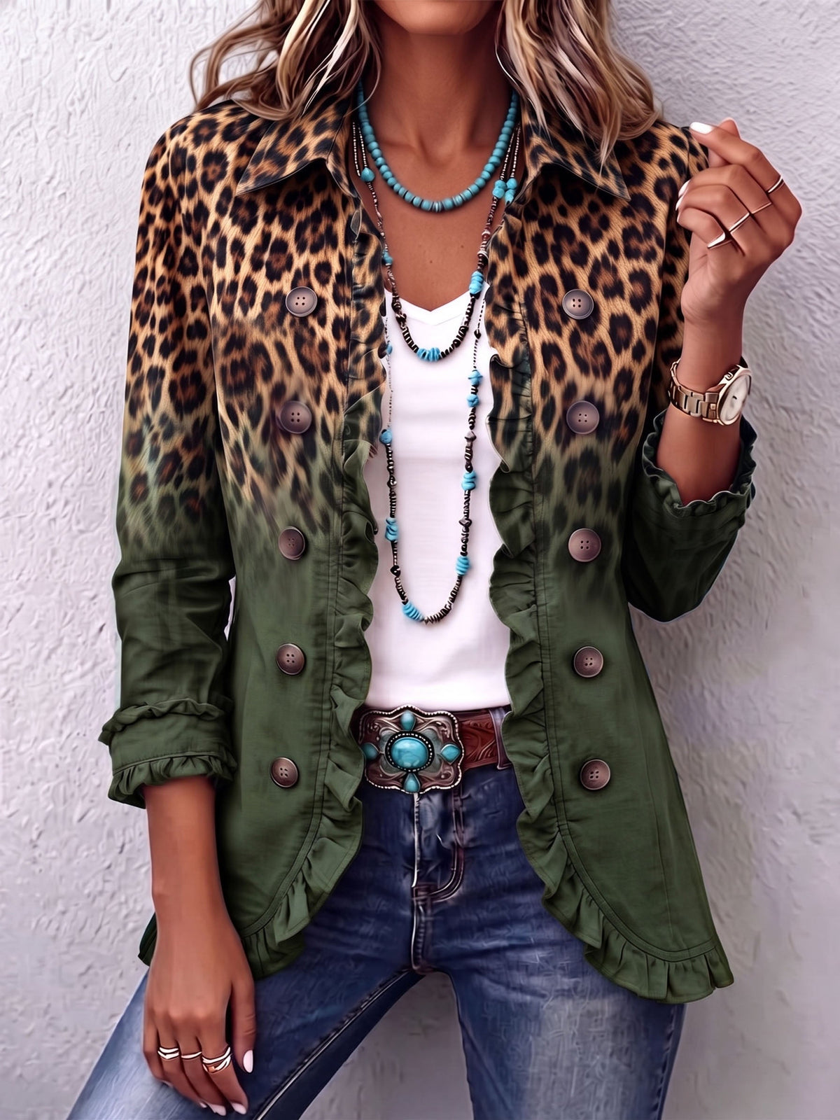 Ramona | Blazer met Groene Luipaardprint en Volants