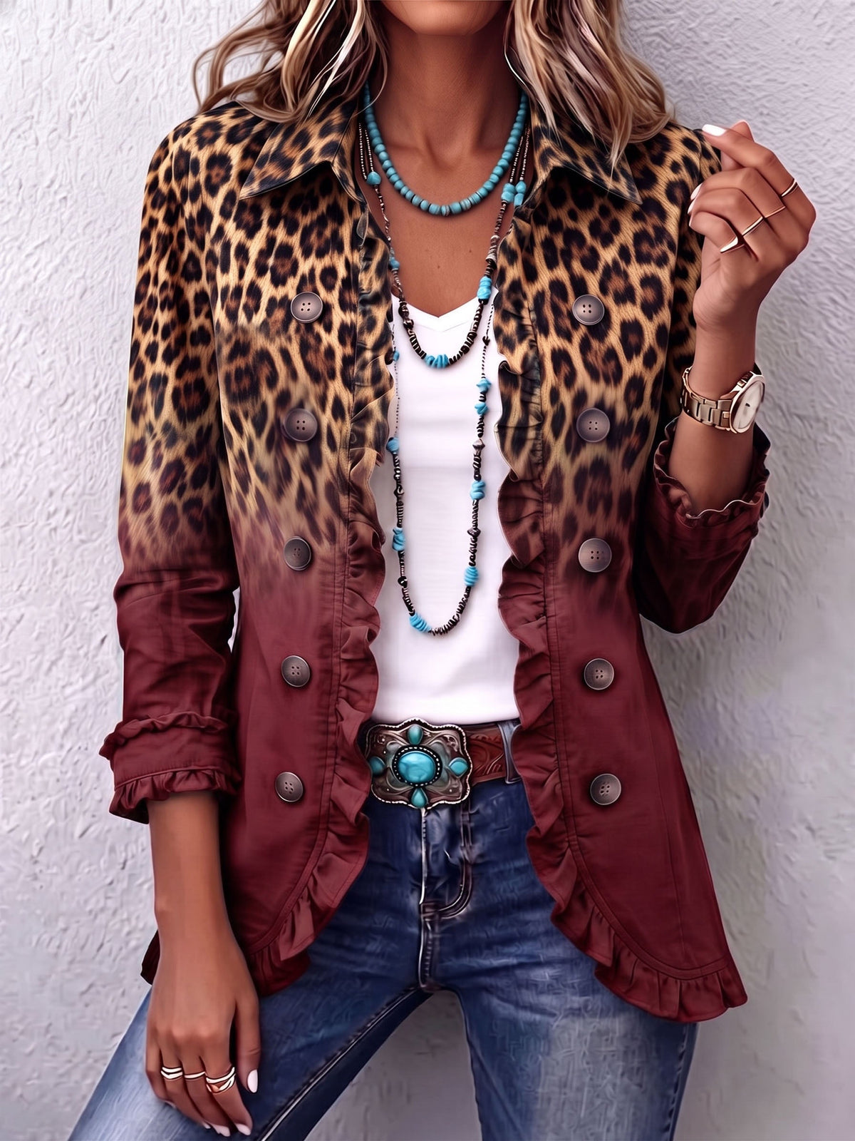Tomasa | Blazer met Bordeauxrode Luipaardprint en Volants