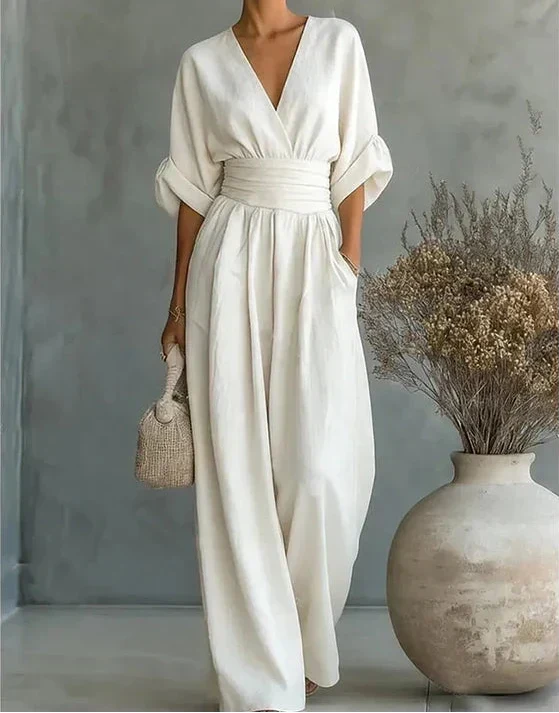 JUMPSUIT MET V-HALS EN BREDE PIJPEN VOOR DAMES